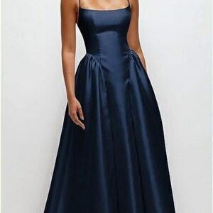 DESSY COLLECTION BASQUE SKIRT SATIN MAXI DRESS W/POCKETS IN MIDNIGHT NAVY